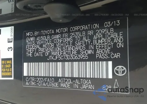 2013 Scion Tc from USA, damaged, VIN JTKJF5C73D3063955